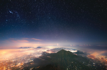 Sleeping volcano. Indonesia, Bali, View of Batur volcano (1,717 m) from the peak of Agung (3,142 m).