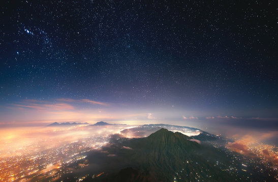 Sleeping volcano. Indonesia, Bali, View of Batur volcano (1,717 m) from the peak of Agung (3,142 m).