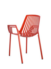 Red Metal Chair on White Background, Back Three Quarter View