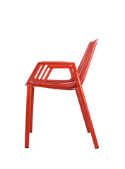 Red Metal Chair on White Background, Side View