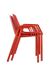 Stacked Red Metal Chairs on White Background, Side View