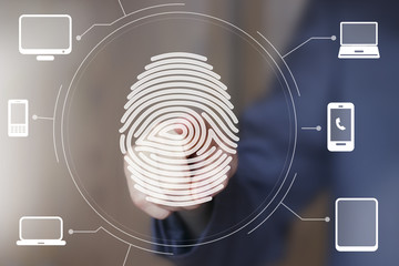 Businessman push web button fingerprint print computer