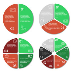 Set of round infographic diagram. Circles of 2, 3, 4, 6 elements. Vector EPS10 