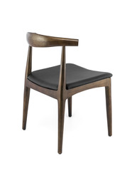 Classic Dark Brown Wood Chair with Black Leather Pad Back, Three Quarter Rear View