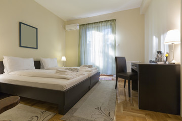 Interior of a double bed hotel room