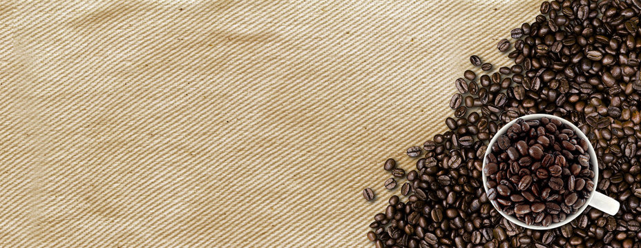coffee beans on traditional sack textile background