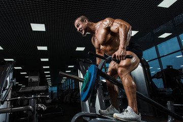 Fototapeta na wymiar Athlete muscular bodybuilder in the gym training back with T-bar