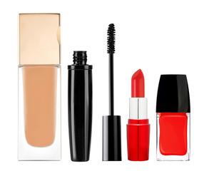 foundation, mascara, lipstick and nail polish isolated on white