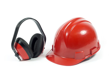 Fototapeta premium Red Hardhat And Ear Protector Isolated On White Background