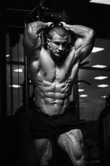 Strong Athletic Man Fitness Model Torso showing muscles in gym