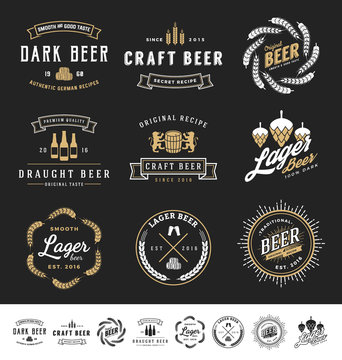 Collection Of 9 Beer Logos, Badges, Stamps And Labels Design. Vector Illustration