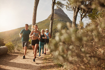 Group of fit people trail running on a mountain path