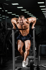 Fototapeta na wymiar Muscular bodybuilder working out in gym doing triceps exercises on parallel bars