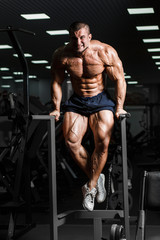 Muscular bodybuilder working out in gym doing triceps exercises on parallel bars