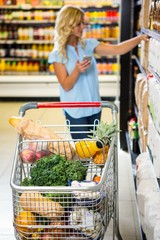 Woman holding smartphone and choosing product