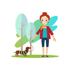 Walking a Dog. Daily Routine Activities of Women. Vector Illustration