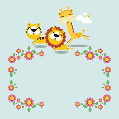 Illustration of a lion, tiger and the giraffe. Vector illustration of cute animals with place for text