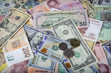 A collection of various foreign currencies from countries spanning the globe. 