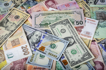 A collection of various foreign currencies from countries spanning the globe. 