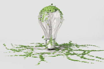 Green energy concept with light bulb and green plant