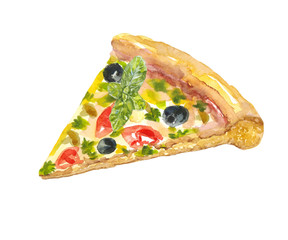 Pizza /Hand Drawn Slice Of Pizza, Watercolor Sketch,Illustration For Food Design. - 99828144