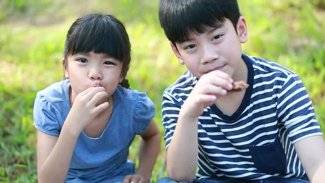 Little asian boy an girl eating meal in the park