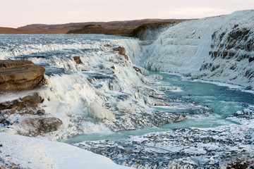 Gullfoss waterfall frozen at winter, Iceland