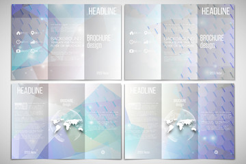 Vector set of tri-fold brochure design template on both sides with world globe element. Abstract multicolored background, digital style vector illustration