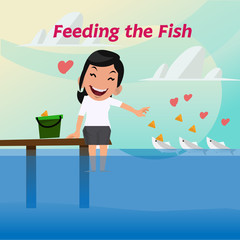 smilely lady are feeding the fish - vector