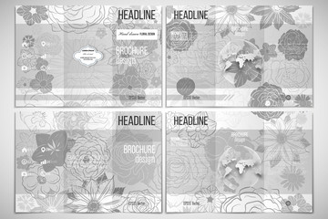 Vector set of tri-fold brochure design template on both sides with world globe element. Hand drawn floral doodle pattern, abstract vector background