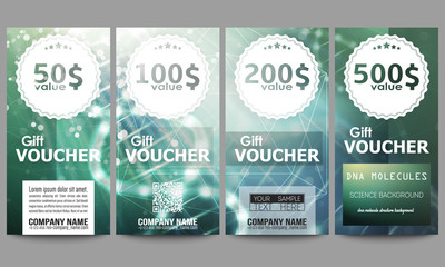 Set of modern gift voucher templates. DNA molecule structure on dark green background. Science vector background