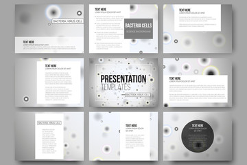 Set of 9 vector templates for presentation slides. Molecular research, cells in gray, science background