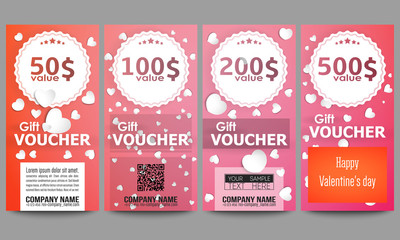 Set of modern gift voucher templates. White paper hearts, red vector background for Valentines day