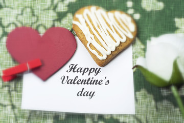 cookie in the shape of heart, White Rose, Valentine message spac