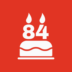 The birthday cake with candles in the form of number 84 icon. Birthday symbol. Flat