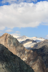 Fototapeta na wymiar Panorama view with mountain Großvenediger and glaciers in Hohe Tauern Alps, Austria
