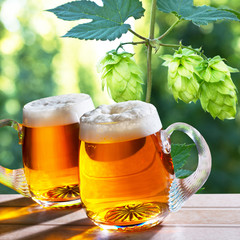 glasses of beer with  hops