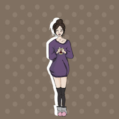 girl drinking tea. hand drawn illustration.