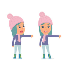 Frustrated and Angry Character Winter Girl showing thumb down as