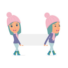 Funny Character Winter Girl holds and interacts with blank forms