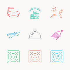 Hotel, swimming pool and beach deck chair icons.