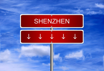 Shenzhen Composite China index crash arrow going down stock exchange falling bear market concept.