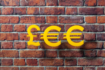 International money icon and currency units front of the British style wall