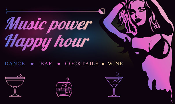 Happy hour cocktail background in neon style