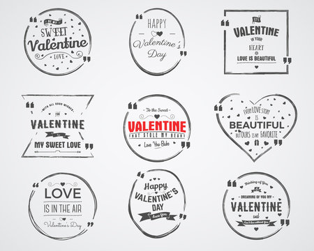 Vector photo overlays, hand drawn lettering collection, inspirational quote. Valentine day labels set. Love is in the air, bubble quote and more on white background. Best for gift card, brochure