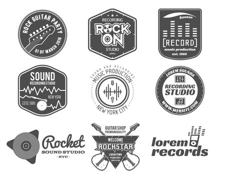 Set of vector music production logo,label, sticker, emblem, print or logotype with elements - guitar for sound recording studio, t shirt, sound production Podcast and radio badges, typography design