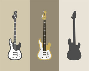 Naklejka premium Electric guitar vector icons set. Guitar isolated icons vector illustration. Guitars isolated on white background. Music, concert, sound, fun, guitars. Vector guitars. Color, grey, silhouette guitars