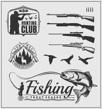 Set of hunting and fishing club badges, labels and design elements. Vector monochrome illustration.
