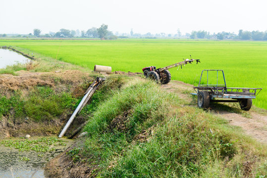 Farmers Pumping water to Jasmine rice fields with old tractor