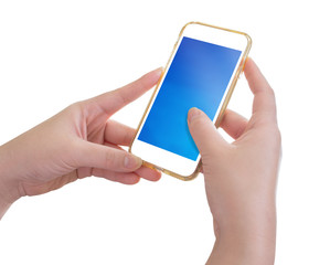 Hand hold mobile phone isolated on white background